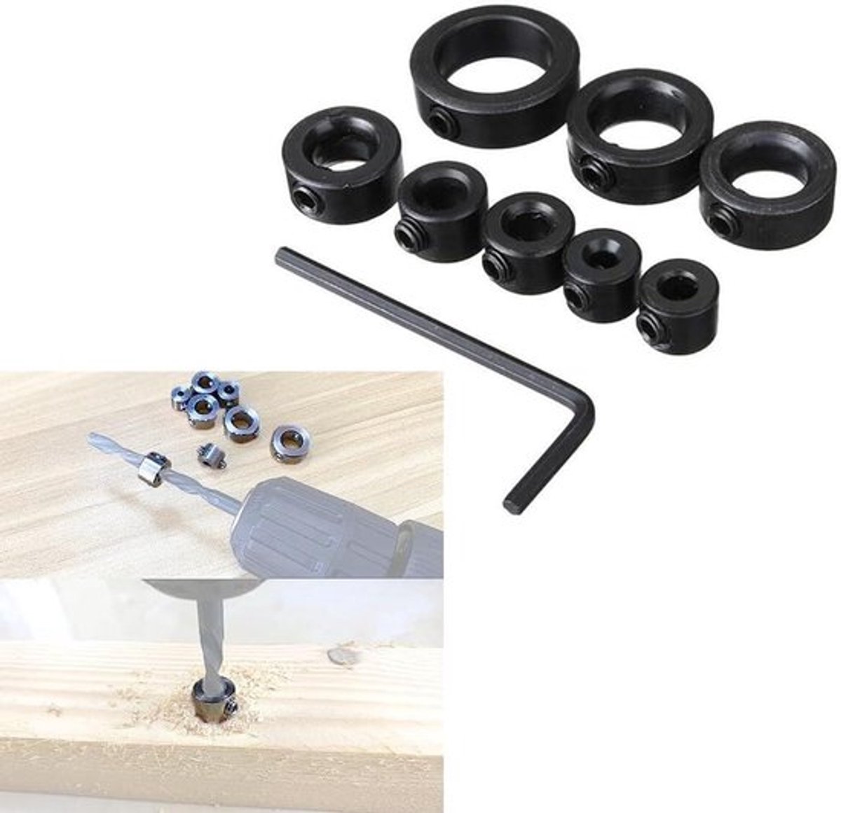 Boorstopkit - Bit Collar - Boor Dieptestopper Set - Hexa Sleutel - Boor Positionering - Dieptebeperking - Geschikt voor Boor - Zwart Boorstopkit 8 stks met Sleutel