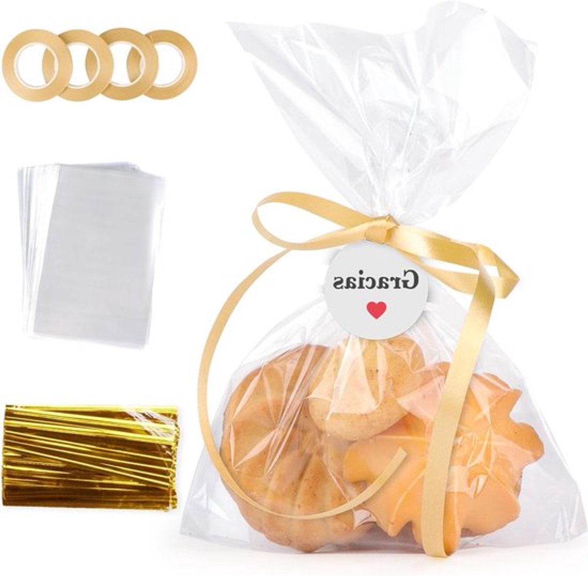 Set van 100 cellofaanzakjes met 120 bedank-etiketten voor cadeauverpakking Kerstmis - feestelijke stickers, Gracias.