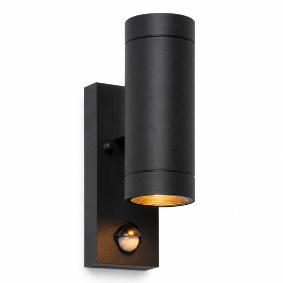 Moderne zwarte buitenlamp met sensor, dubbele cilinderlamp met opwaartse en neerwaartse lichtstralen.
