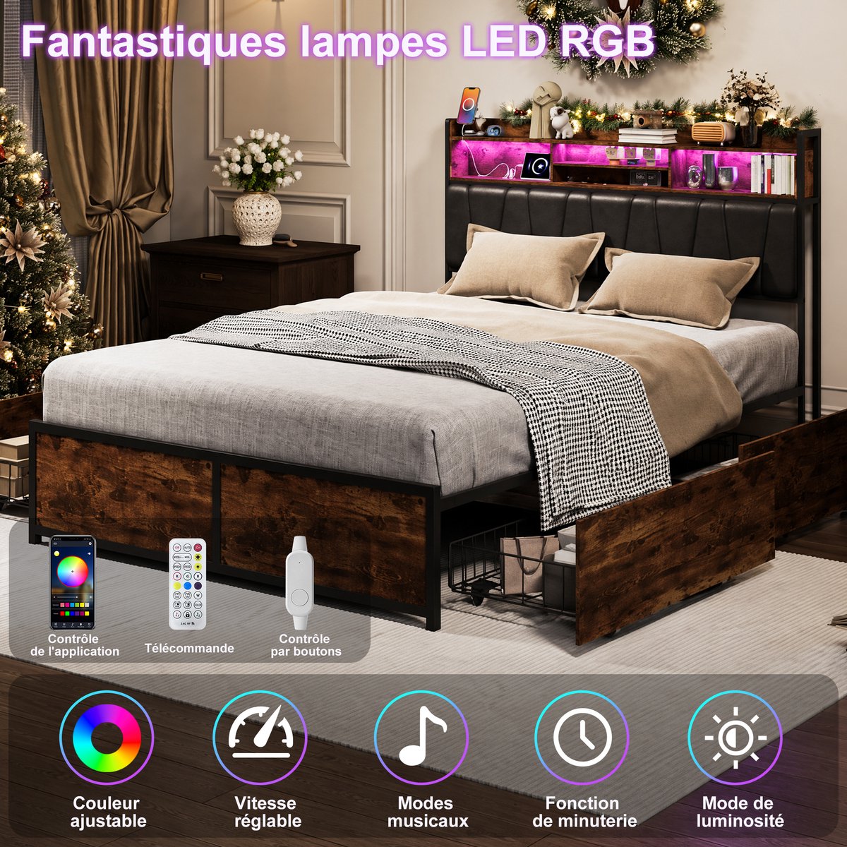 LED metalen bed 140x200 cm, bedframe met 4 lades en opbergruimte, modern tweepersoonsbed in vintage hout & zwart, functioneel bed met LED-hoofdbord en plank, stabiel tweepersoonsbed in industrieel design van PU-leer, exclusief matras