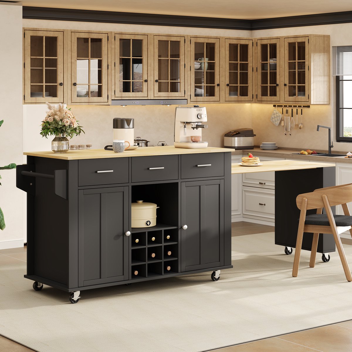 Keukentrolley - met mobiel ontwerp en uitschuifbaar werkblad - zwart en naturel - afmetingen 136 x 50 x 93 cm - voor een praktische keuken