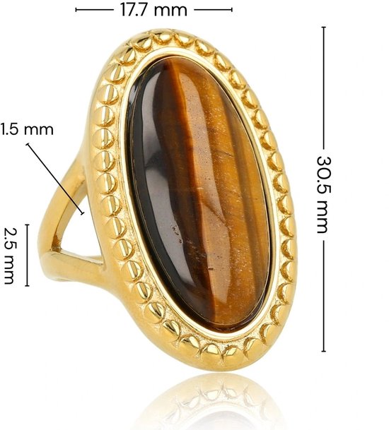 Gouden ring met ovale tijgeroog edelsteen, met afmetingen 30,5 mm x 17,7 mm.