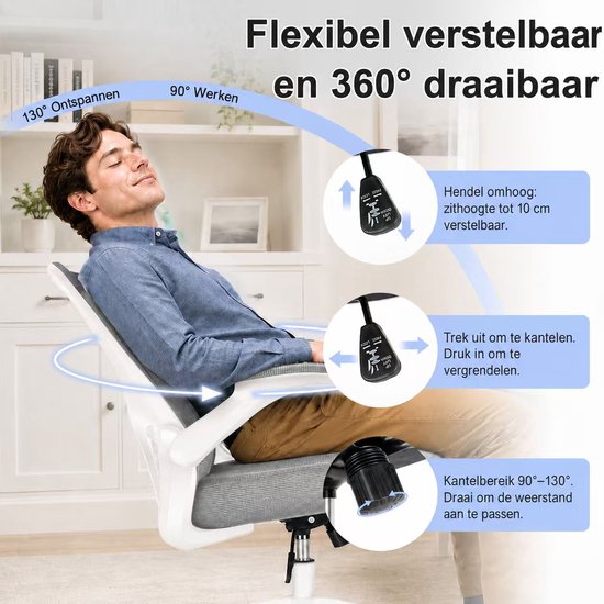 Een man leunt achterover in een grijze bureaustoel, waarbij de verstelbare functies worden getoond: hendel omhoog voor zithoogte, uittrekken om te kantelen, draaiknop voor kantelweerstand.