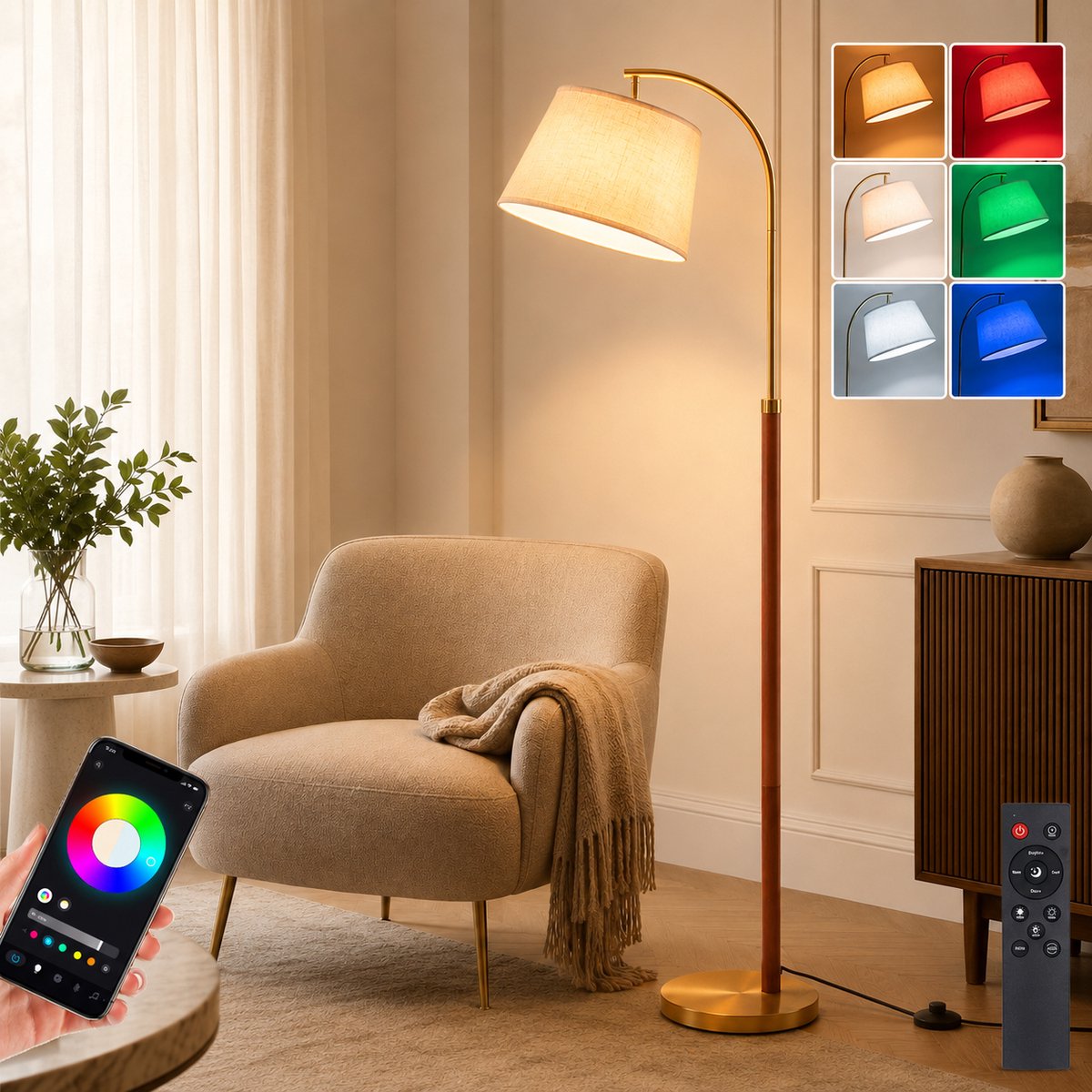 Lapamax Japandi Vloerlamp 170 cm - Houten Staande Lamp met Stoffen 90° Kantelbare & 350° Draaibare Lampenkap - Dimbare RGB+CCT hoeklamp met APP & Afstandsbediening -Slimme verlichting voor Woonkamer, Slaapkamer en Kantoor