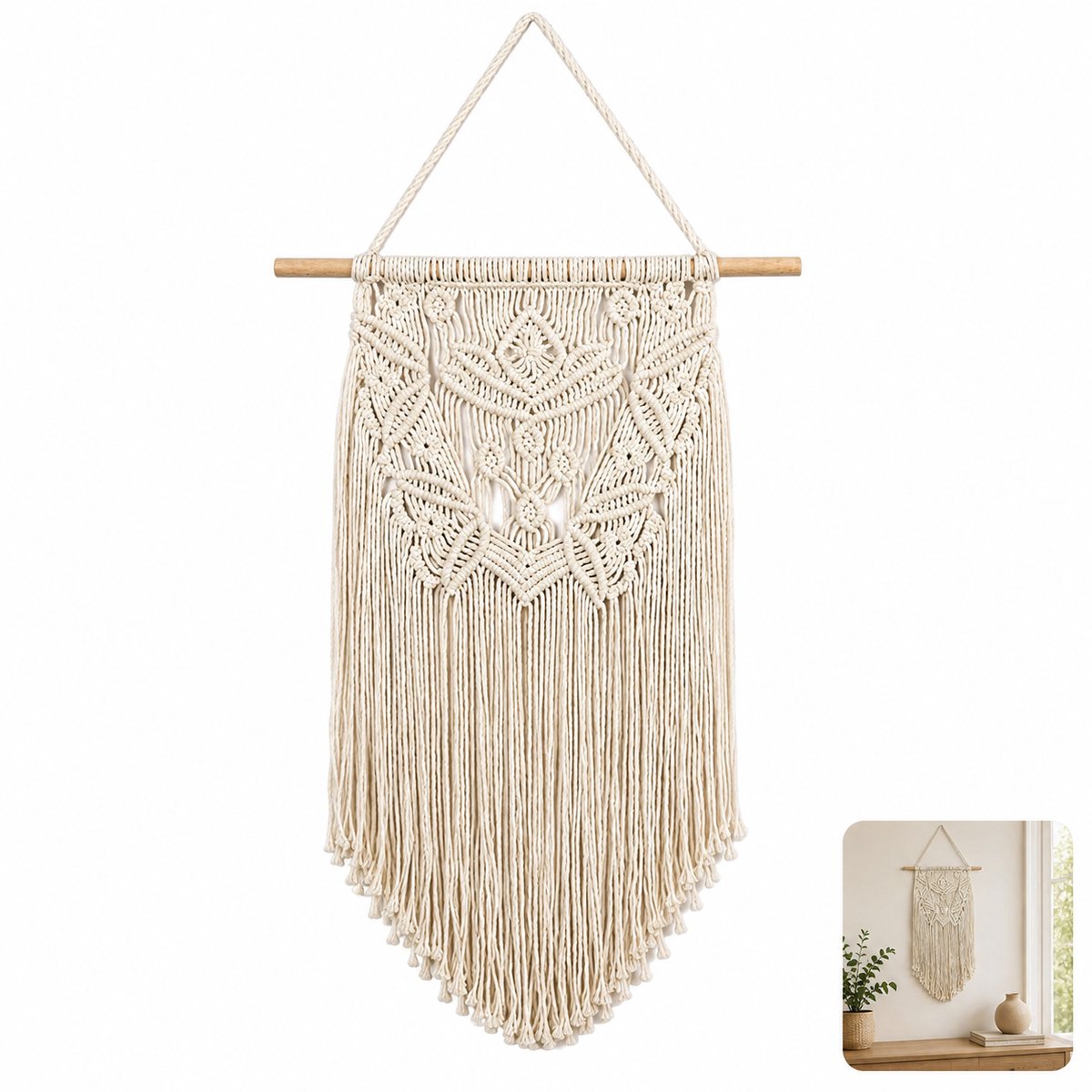 Wandtapijt - Macramé Wanddecoratie - Katoen - Kwastjesdecoratie - 36*65cm - Met Houten Stok - Voor Slaapkamer, Woonkamer,Koffiehuis - Wit