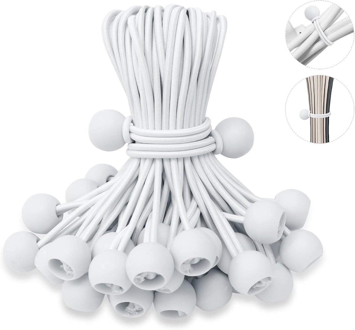 50 stuks witte ball‑elastiekjes van 6 inch- extra sterke bungee‑koorden met bal- UV‑bestendige bevestigingsbanden voor zeilen- luifels- kamperen- tentstokken en projectieschermen