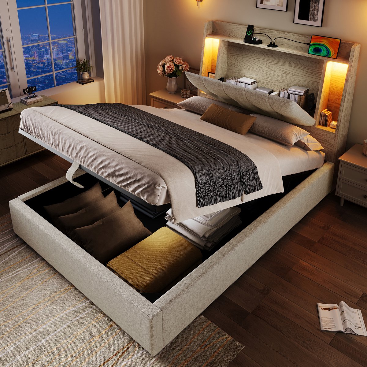Gestoffeerd Bed 90x200 cm - Met LED-Verlichting - Met Opbergruimte - Met USB-Oplaadpunt - Beige