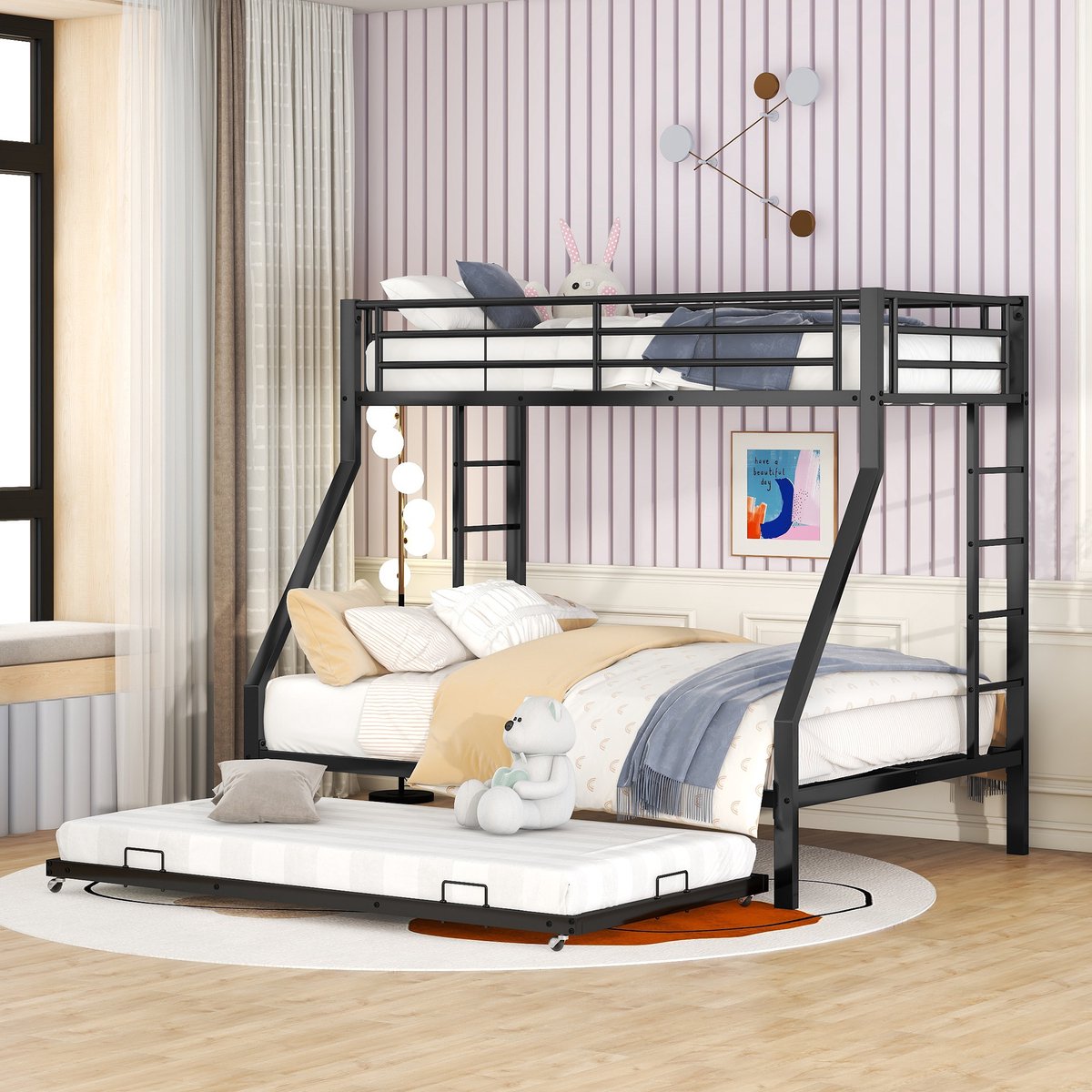 Metalen Stapelbed 90x140x200 cm - Kinderbed Met Uitschuifbed, Ladder En Veiligheidsrek - Zwart