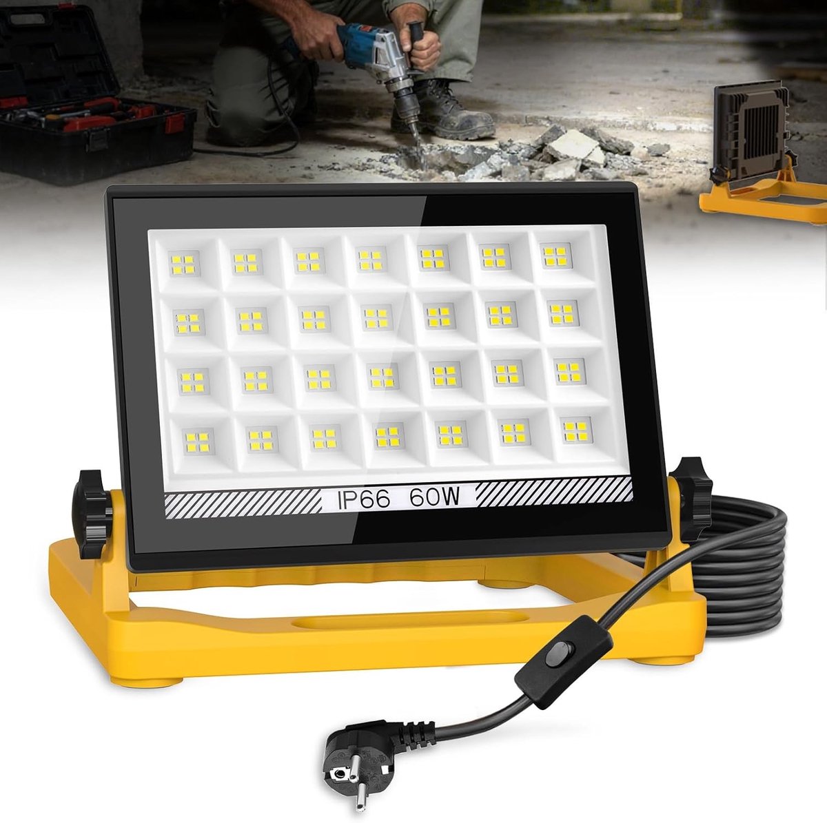 Bouwlamp - Draagbaar - 60 W - Waterdichte LED Werklamp met 4 m Kabel - Voor Werkplaats en Bouwplaats