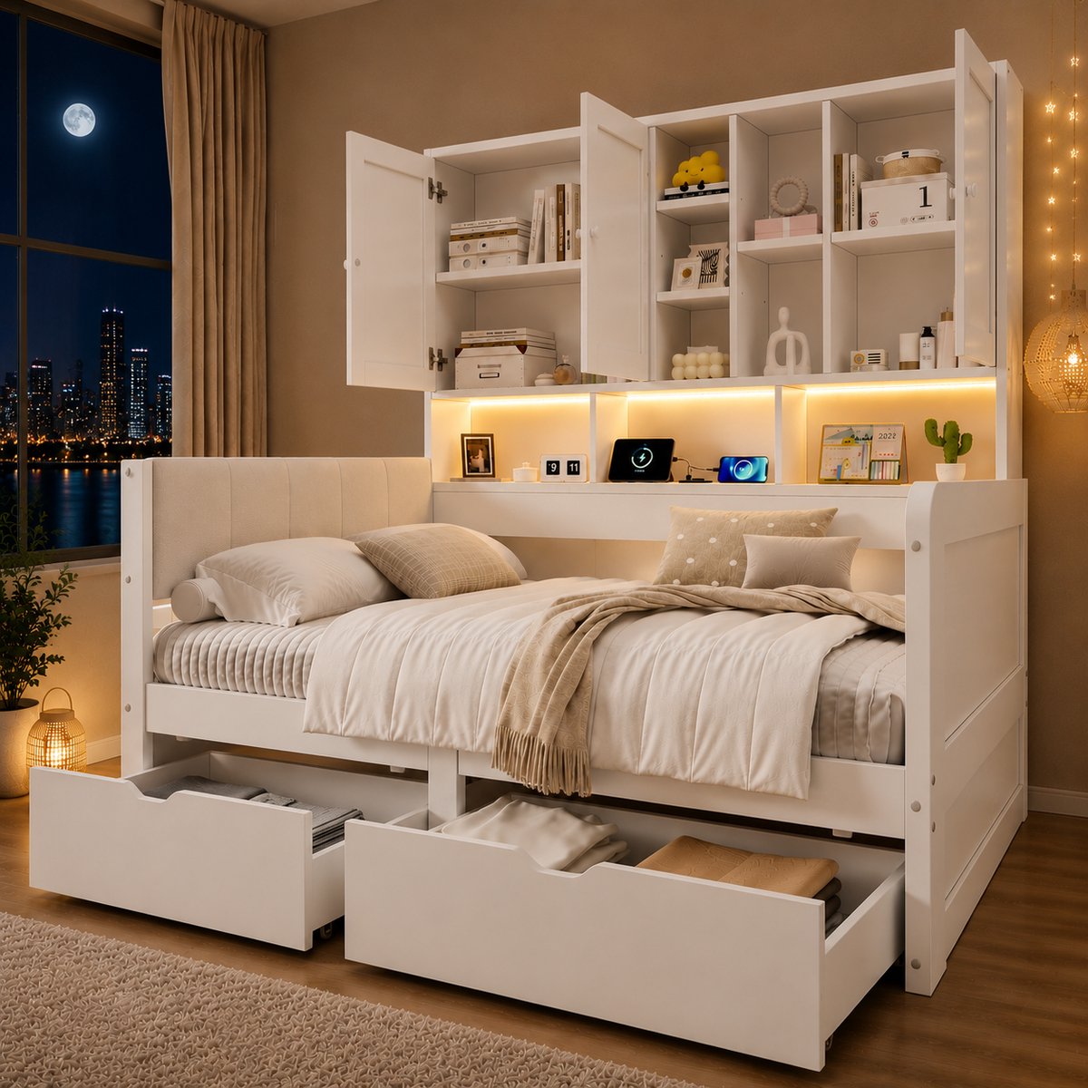 Kinderbed 90x200 cm - Bed Met Opbergruimte En LED Verlichting - Met USB Aansluiting En Lades - Voor Kinderkamer En Jeugd Kamer - MDF - Wit Zonder matras