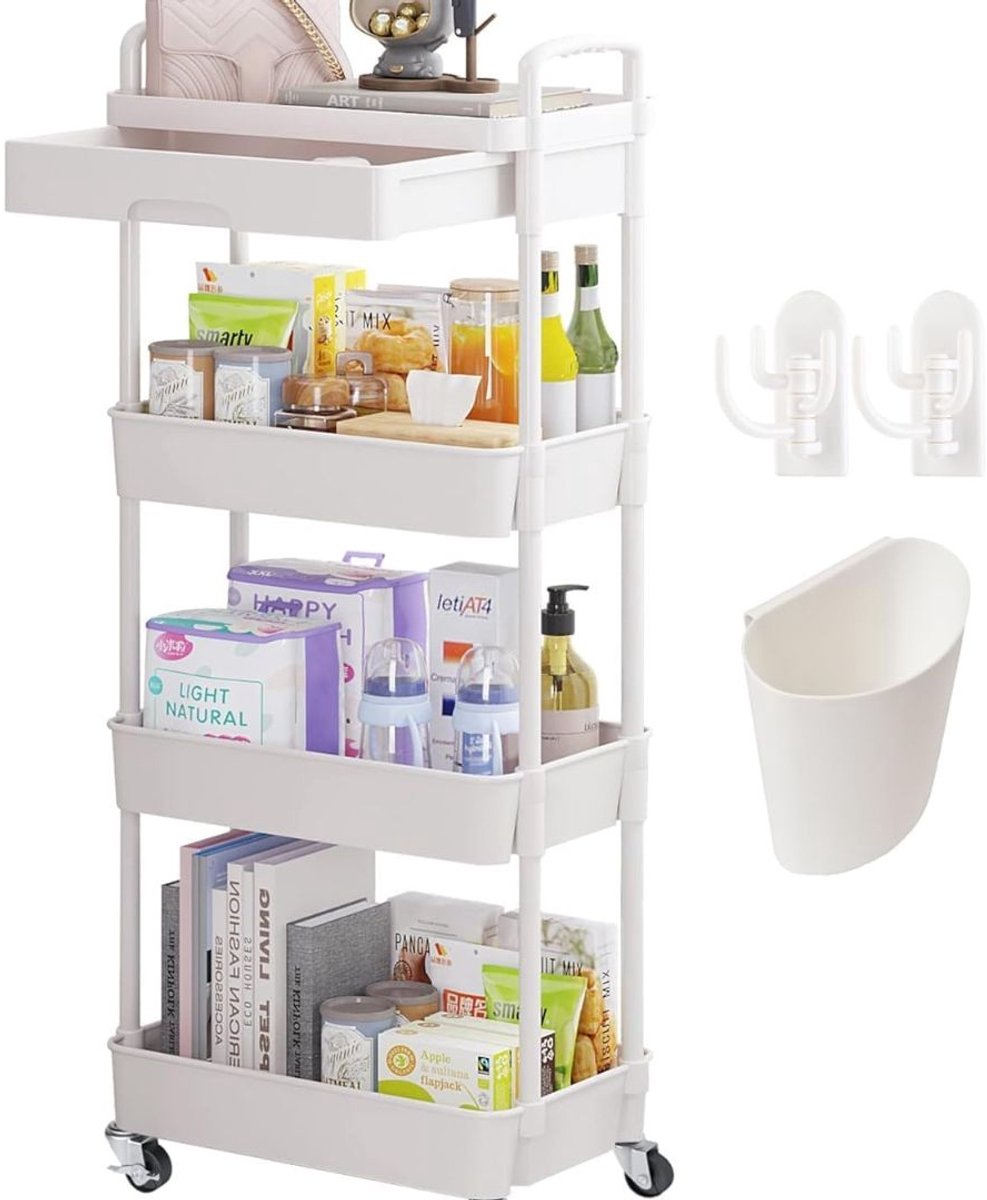 LNMsolutions® Keukentrolley - Keukentrolley Op Wieltjes - Badkamer Organizer - Wit - 40cm x 30cm x 78cm