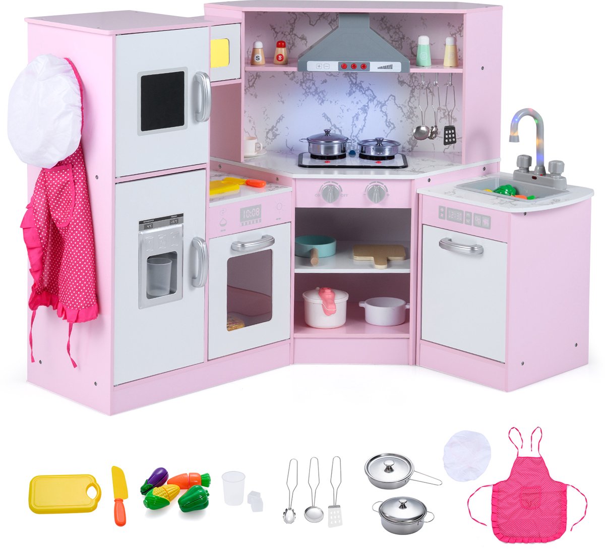 COSTWAY Houten Kinderkeuken, Hoekkeuken met Licht en Geluid, Houten Keuken met Schoolbord & Gootsteen & Oven, Inclusief Accessoires, Speelgoedkeuken voor Kinderen vanaf 3 Jaar (Roze)