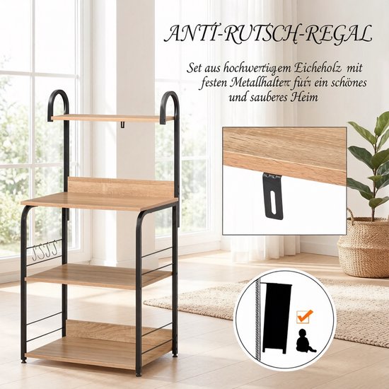 FloraGrace Keukenrek - 60 x 40 x 125 cm - Met 4 Haken en 3 Planken - Staal en Spaanplaat - Zwart en Houtkleur - Keukenopslag — afbeelding 4