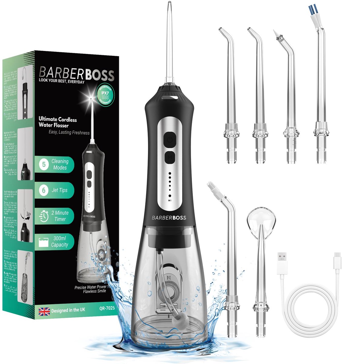 Waterflosser Draadloos – 300 ml Reservoir – 5 Standen – 6 Opzetstukken – IPX7 Waterdicht – 2500mAh Accu