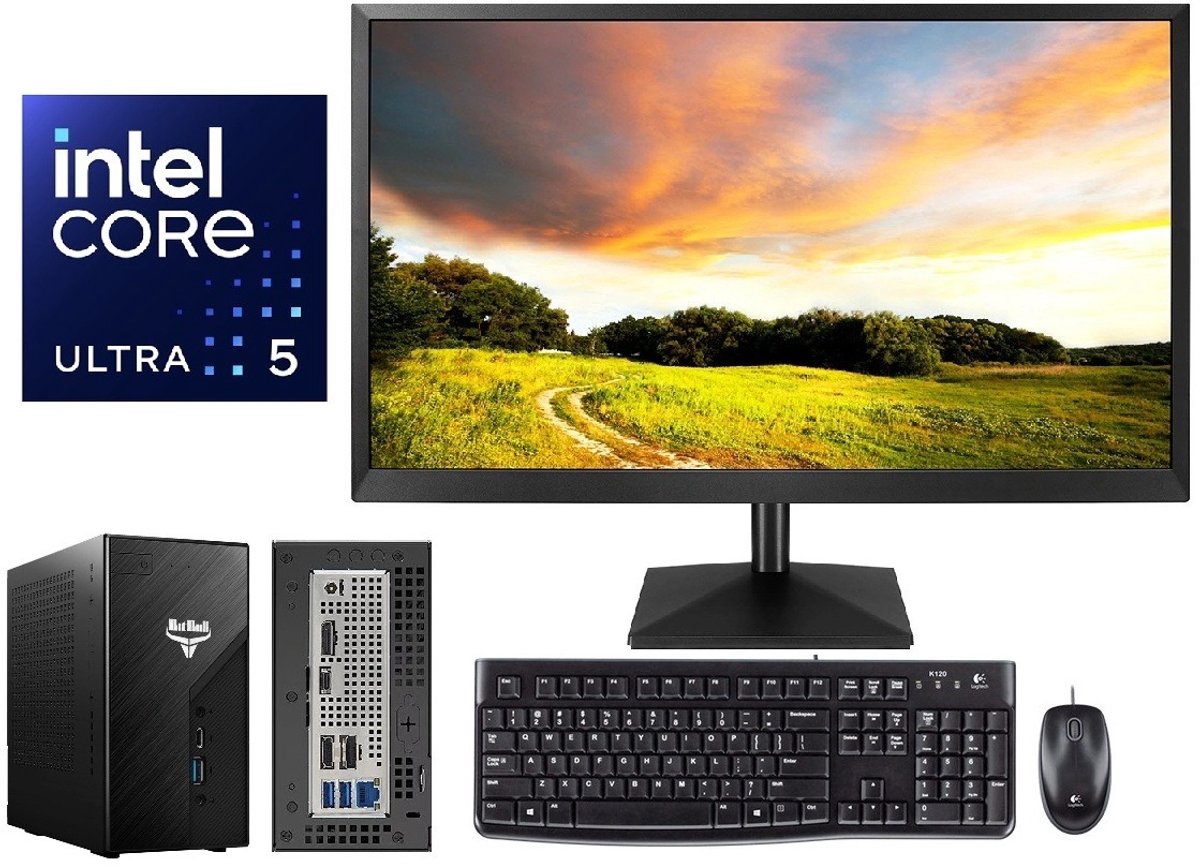 BitBull All in one Mini PC met 24" monitor|Intel Core Ultra 5|32GB DDR5 RAM|4TB SSD|INCLUSIEF MS OFFICE 2024|18-Core 250K|WIFI 6E|BT 5.4|LAN 2.5|USB Gen 2x2|Thunderbolt 4|4 Monitoren Support