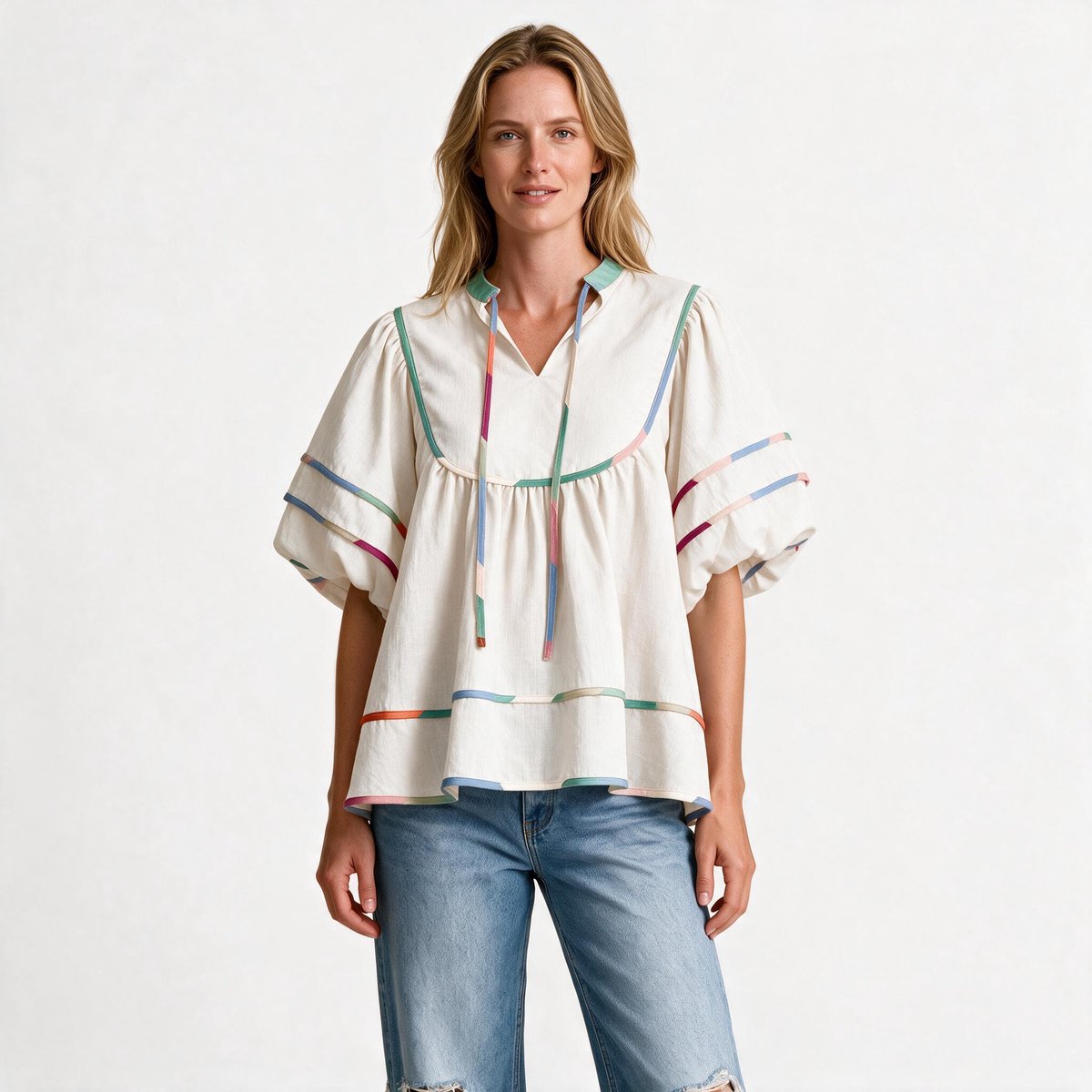 Imily Bela Dames Gestreepte Boho Blouse met Volantmouwen en Koordjes