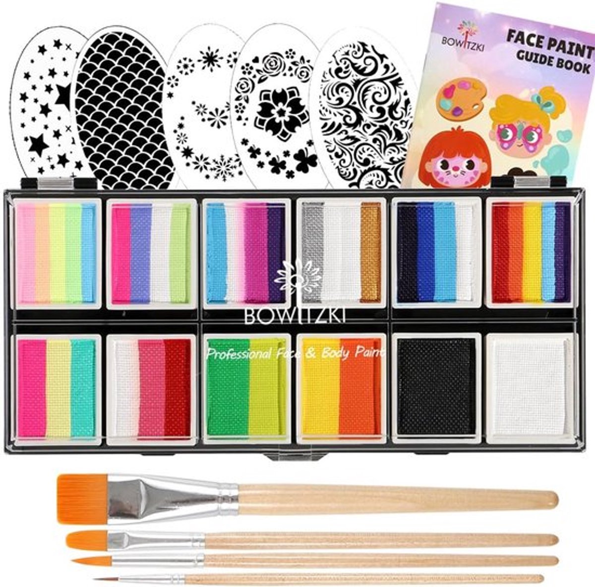 SnelShoppen - Professionele Face Paint Set 12x10g voor Kinderen en Volwassenen - Non-Toxisch - Stencils en Kwasten - Perfect voor Halloween, Kerst, Fe