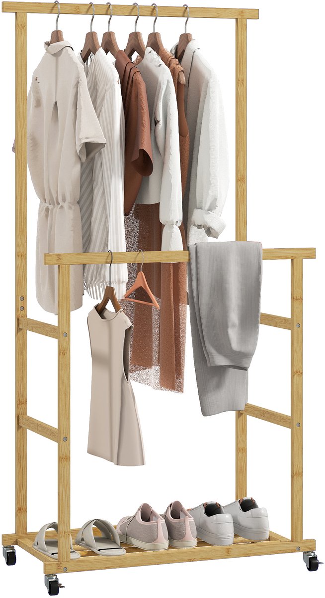 Sogiol® Bamboe kledingrek met 2 stangen - onderste plank en 4 wielen - 80x40x160 cm - naturel hout