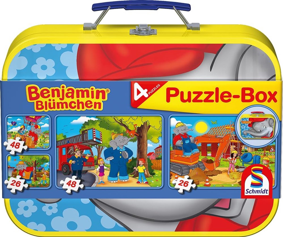 Solidchoice - Benjamin Blümchen Kinderpuzzels in Metalen Doos, 4 Puzzels