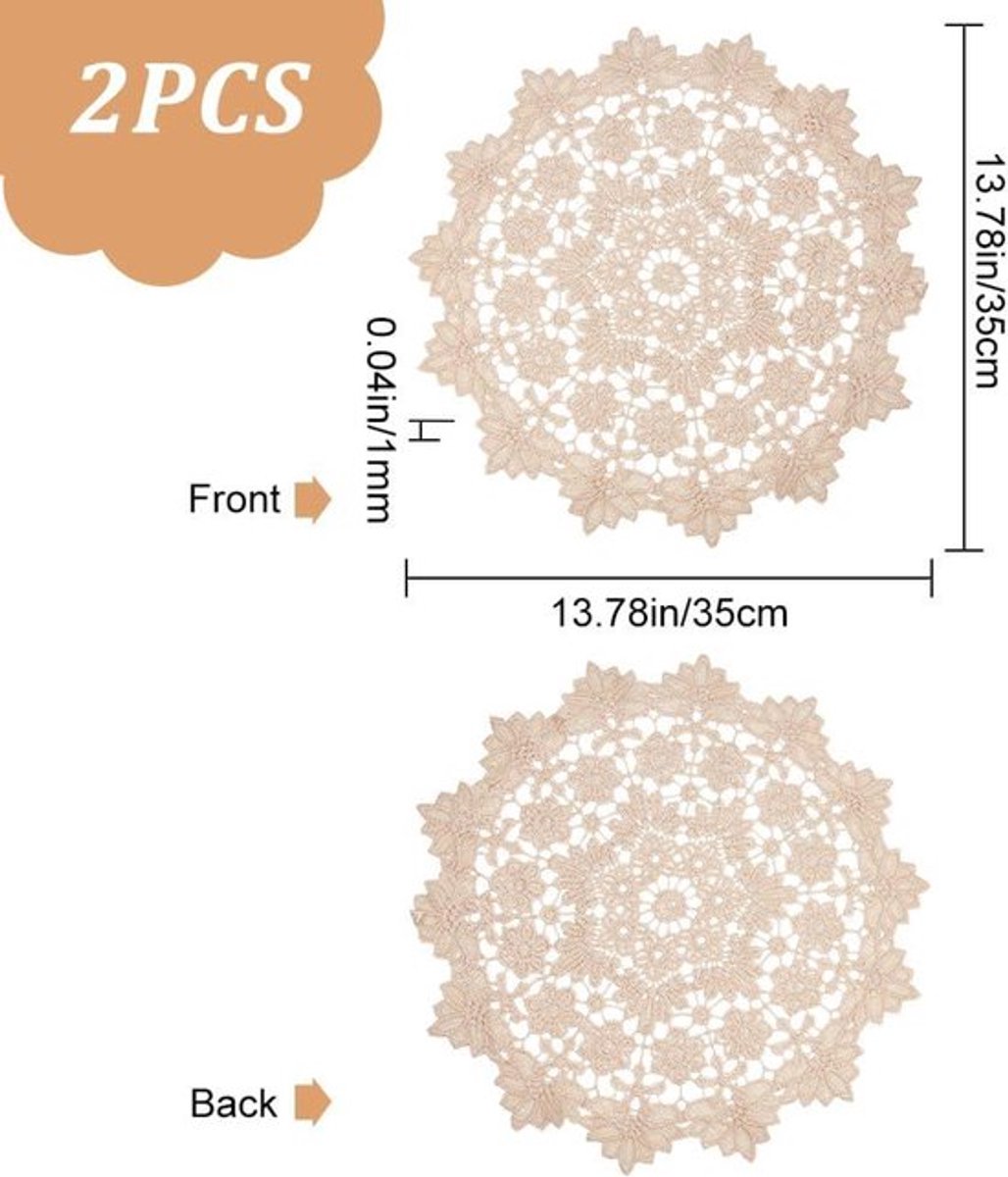 - Ronde Gehaakte Onderzetters - Vintage Design - Beige - Bloemen Bladeren - Gehaakt Tafel Accessoire - 2 Stuks 35 cm Diameter - Kanten Doilies voor Keuken Eetkamer Pot Schaal - Bruiloft Geschikt - Vintage Design
