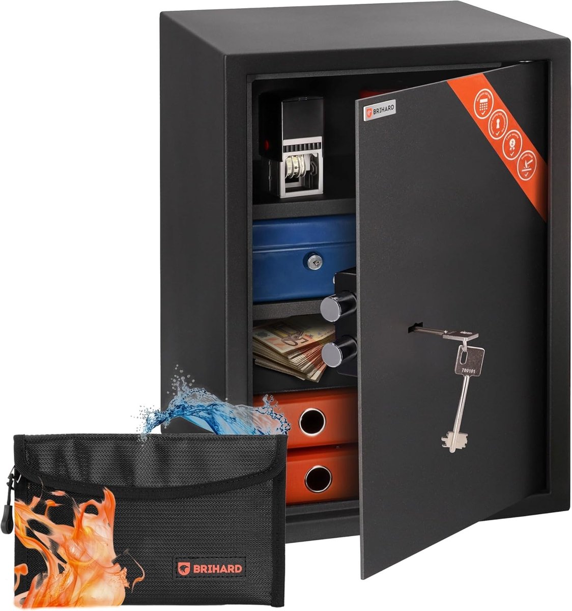 Business XL Sleutelslot Kluis - Zwart - 50 x 35 x 36 cm - Met Brandwerende Geldzak - Voor Documenten en Waardevolle Spullen