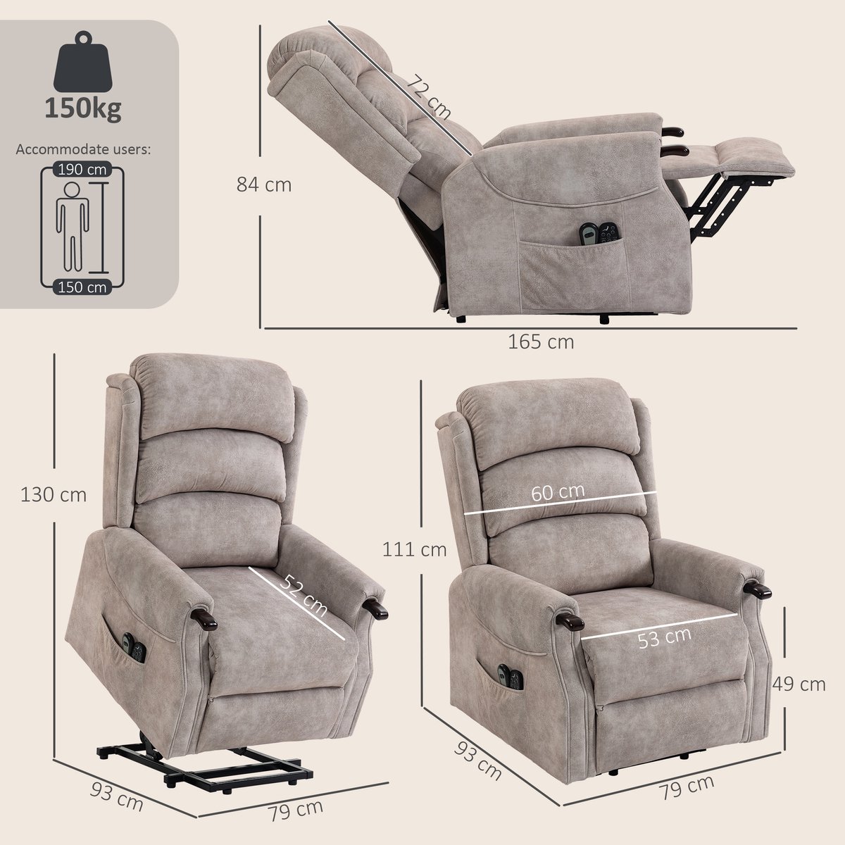 HOMCOM elektrische sta-op relaxfauteuil met massage en verwarming - Tv-fauteuil, relaxstoel, sta-op-stoel - Lichtgrijs – foto 4