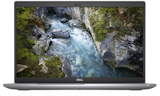 Zilverkleurige Dell laptop met een schermachtergrond van een beekje in een kloof.