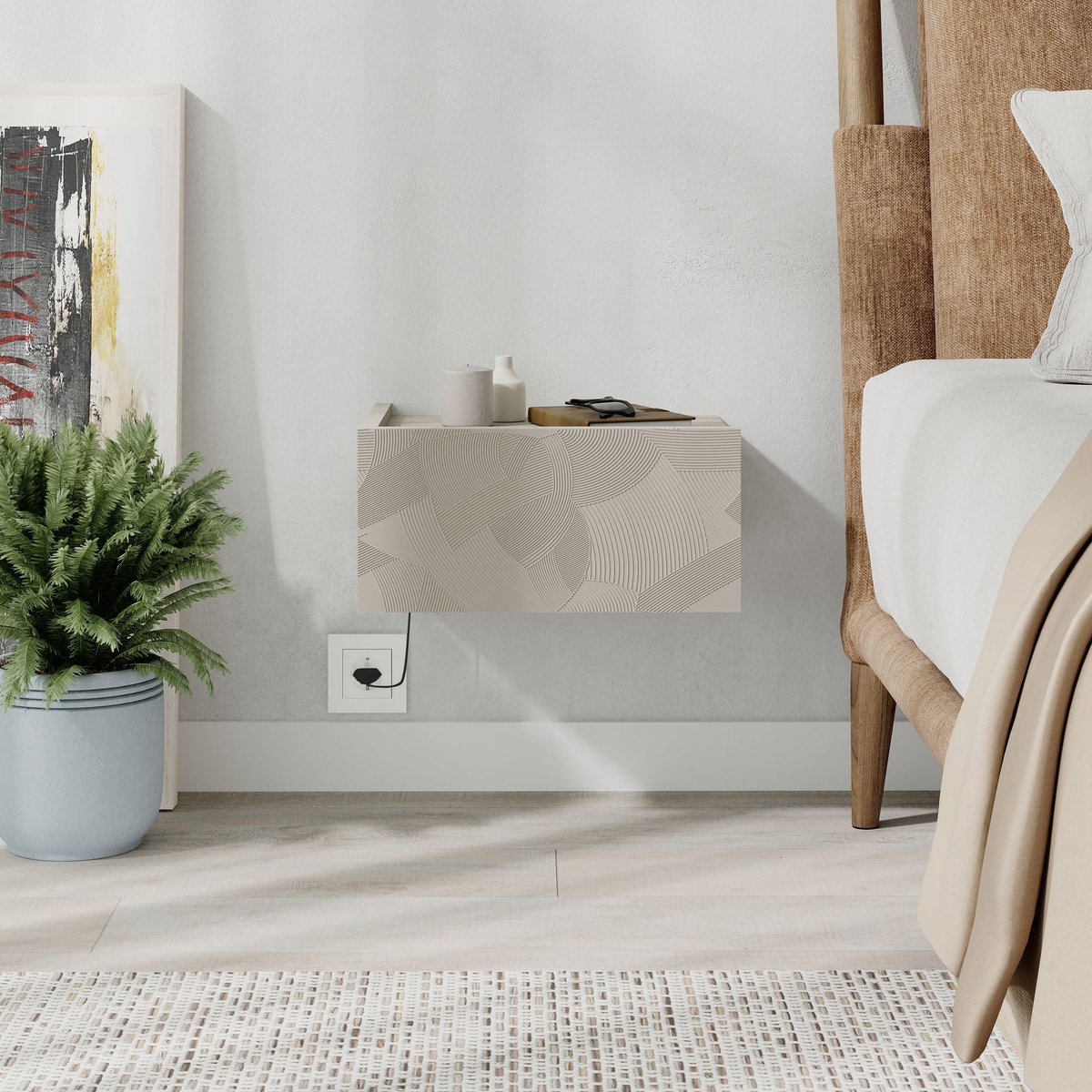 Skye Decor , Nachtkastje, Onda LED - Sandstone, Travertine, Gemelamineerde spaanplaat, Zandsteen & Travertin, 38,4 x 31 x 18,5 cm