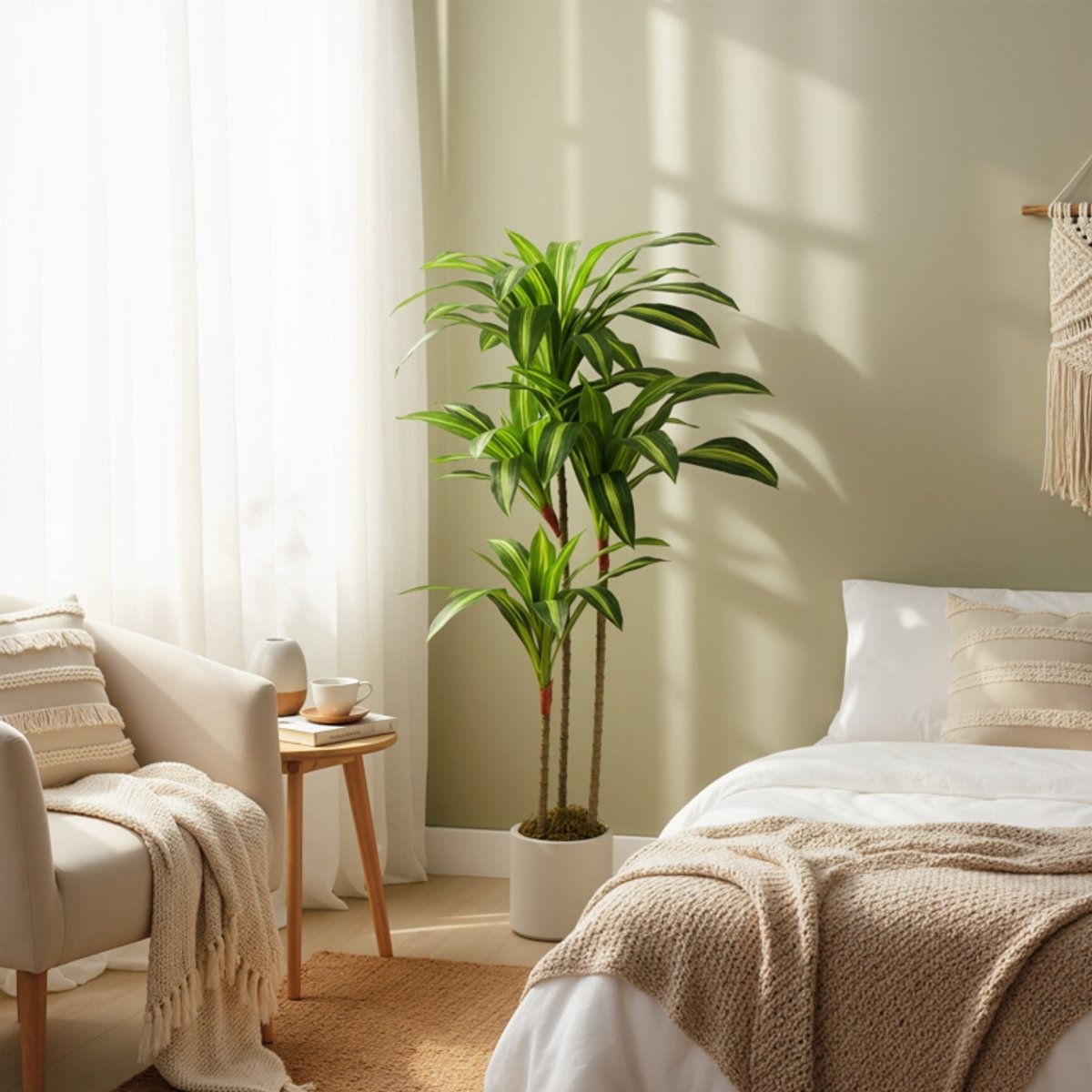 Kunstmatige Dracaena - Biegsame Stammen - 120 Cm - Kunststof - Groen - Kamerplant Voor Woonkamer, Slaapkamer En Kantoor Met Witte Pot