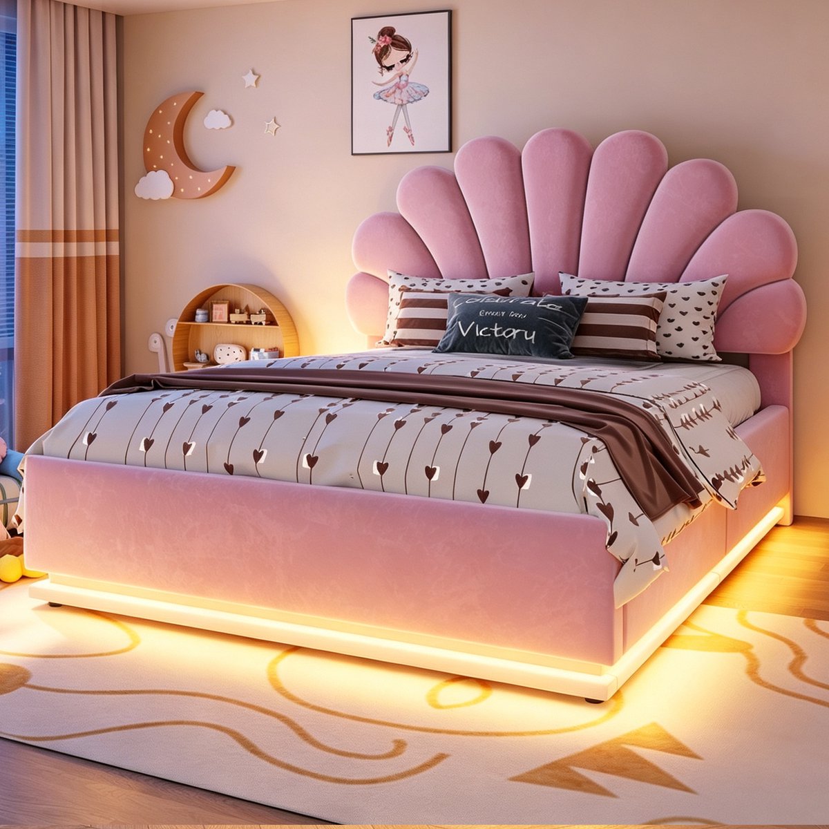 Kinderbed, Gestoffeerd Bed 140*200 cm, Bloemvormig Hoofdeinde, Hydraulische Opbergruimte, Ledverlichting En Metalen Frame, Beige Fluwelen Stof-Rosa