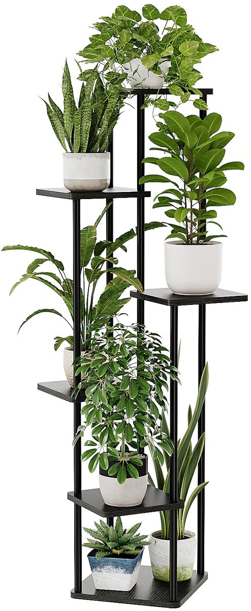 Famanu – Plantenstandaard voor binnen, hoge planken voor meerdere 6-laags planten, hoek plantentafel, gestapelde bloemenstandaard voor woonkamer, slaapkamer en balkon, zwart