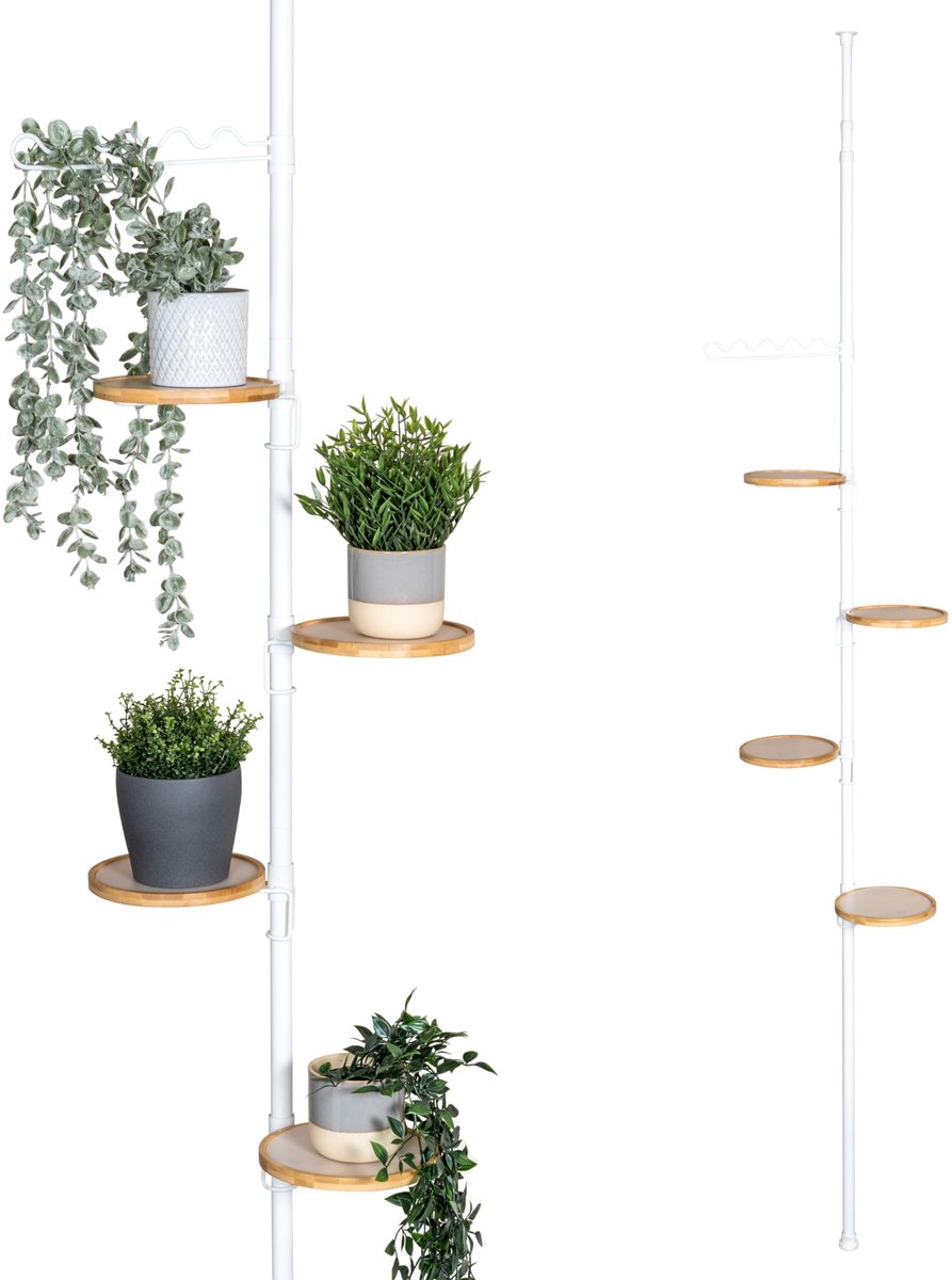 Famanu – Telescopisch bloemenrek met 4 planken en klimhulp, veelzijdig inzetbaar in de woonkamer, badkamer of keuken, variabele hoogte van 140 tot 290 cm, wit