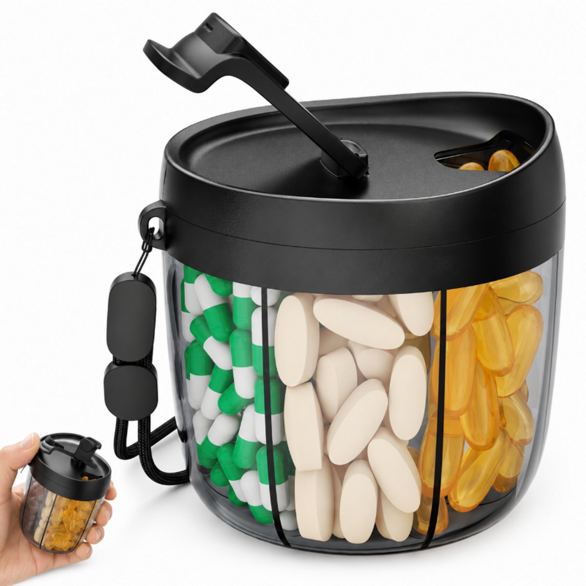 Pillendoos 7 Dagen - Grote Ronde Medicijnbox met Draaideksel - Anti-Mix Systeem - BPA-vrije Supplementen Organizer met Draaglus - Zwart