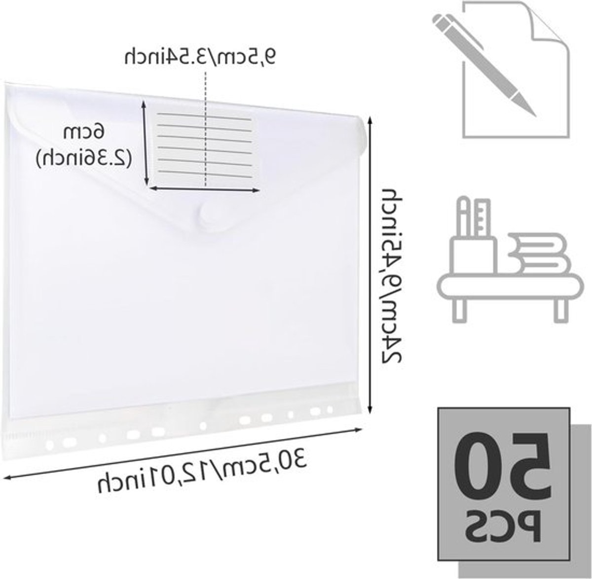 Set van 50 A4 Documentmappen, Transparante Documenttassen met 2 Klittenbandsluitingen, Ideaal voor School, Kantoor en Organisatie van Documenten