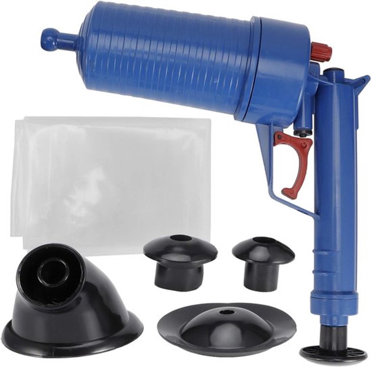 Plunjerset voor afvoer met 4 adapters, handmatig gereedschap voor ontstoppen, geschikt voor keuken en badkamer.