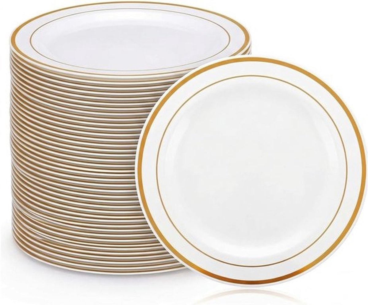 Thijox - 50 Stuks Witte Herbruikbare Plastic Borden 20 cm met Gouden Rand, Duurzaam en Sterk, Perfect voor Bruiloften, Feesten en Speciale Gelegenhede
