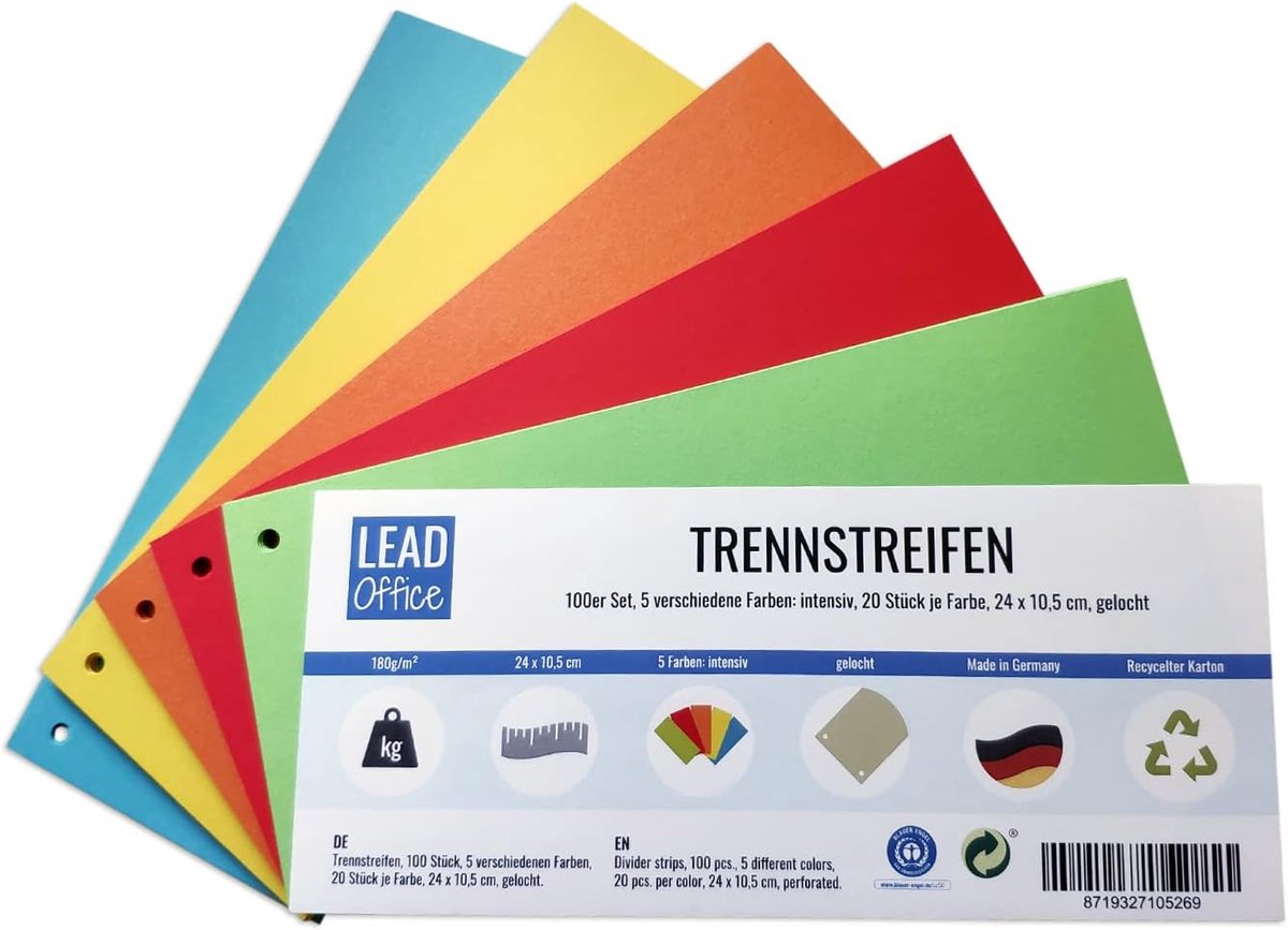 Trennstreifen, Pack of 100, 5 colours: intense, 20 pieces per colour, 24 x 10.5 cm, lured 180 g/m², for sorting and - ShopVlot