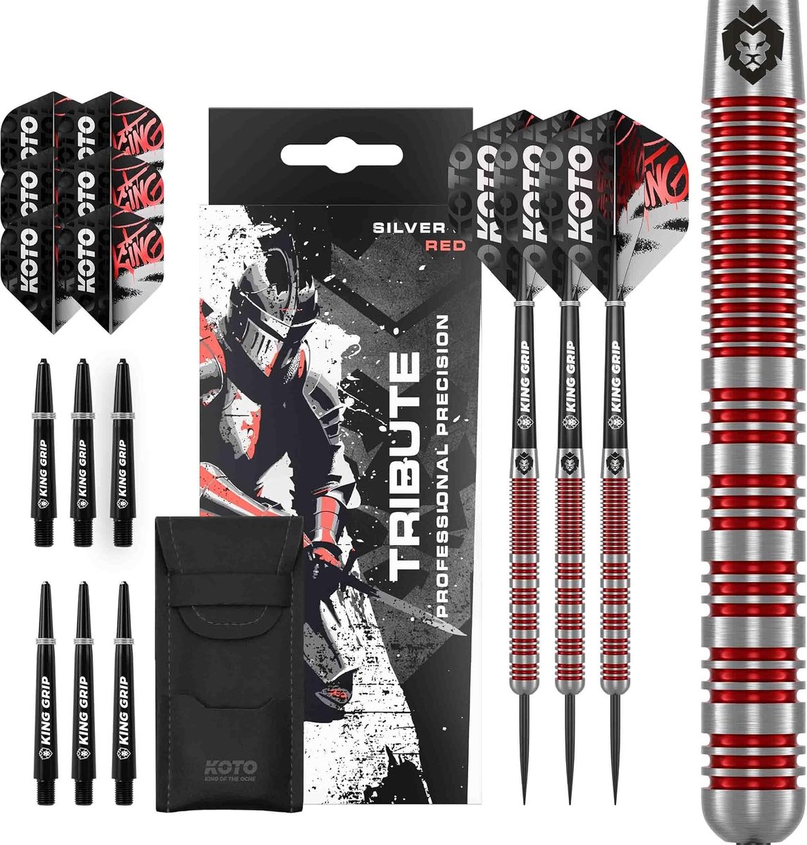 KOTO - Tribute Darts, Silver & Red, Darts Set Incl. 3 Barrels, KOTO Flights + Shafts & Dartwallet - ShopVlot