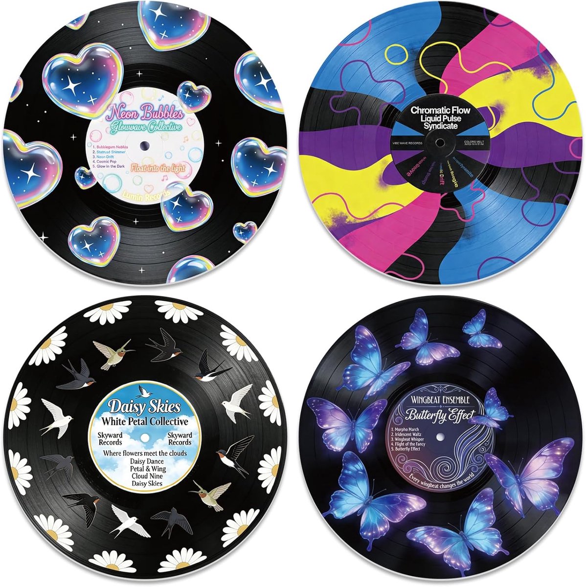 twinklemon 4 Pieces Butterflies Flowers Vinyl Record Wall Decor, Fake Album Covers Music Posters, Self Adhesive Retro - ShopVlot