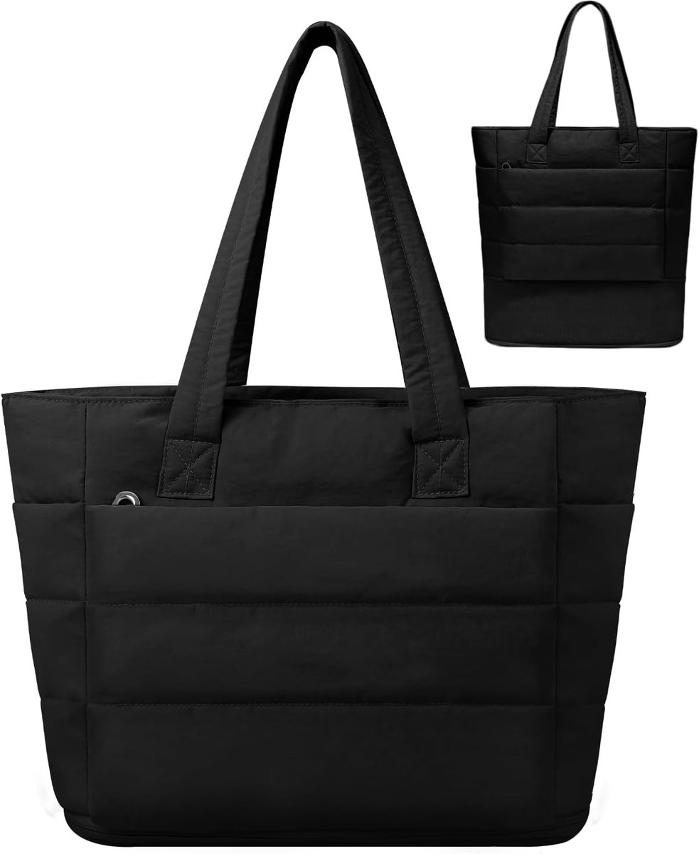 Expandable Puffer Tote Bag Women, Lightweight Padded Puffy Handbag, Large Fluffy Shoulder Bag with 15.6 Inch Laptop - ShopVlot