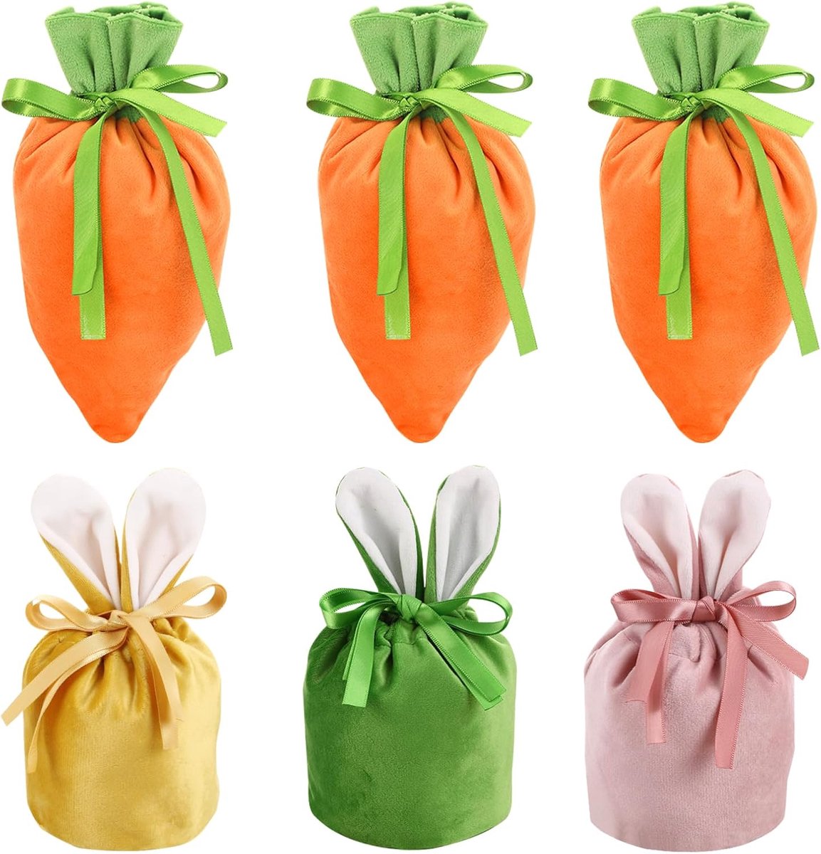 Paaszakjes om te vullen 6 stuks - Fluwelen paashaas en wortelzakjes - Schattige geschenkverpakking - Perfect voor Pasen - ShopVlot