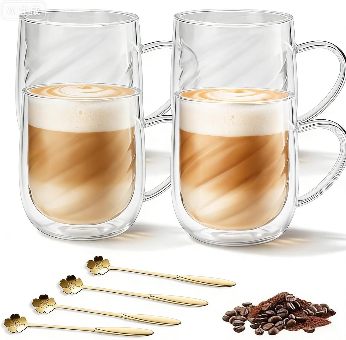 Dubbelwandige koffieglazen voor latte macchiato, cappuccino en thee - 350 ml, set van 4 met lepels en isolatie voor warme en koude dranken
