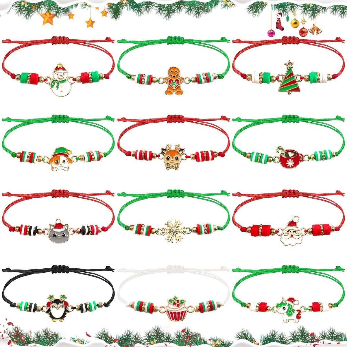 Vriendschapsarmband kinderen kerst - verstelbaar gevlochten - kerstman sneeuwvlok - perfect als cadeau - ShopVlot