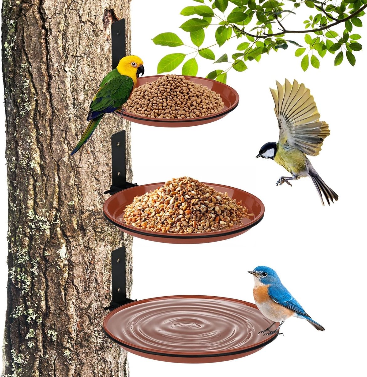 Set van 3 Vogelvoeders en Vogelbaden voor Balkon en Tuin, Hangend Vogelbad, Ronde Vogelvoeder met Wandmontage voor Binnenplaats, Tuin en Balkon