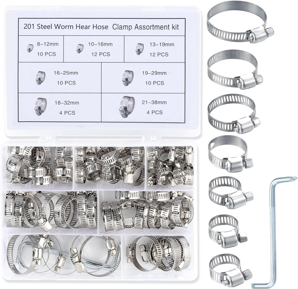 Slangklemmen set 62-delig - roestvrij staal - 7 maten (8-38 mm) - ideaal voor lekkage reparatie - ShopVlot