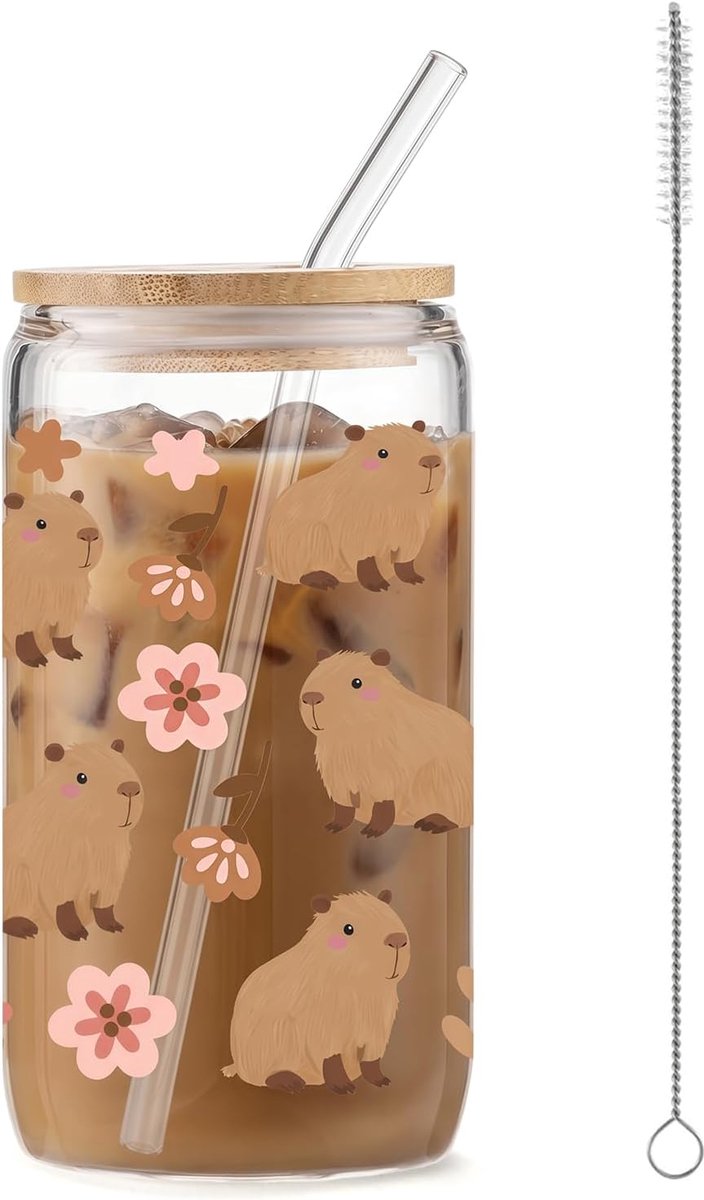 Drinking cup 470ML - borosilicate glas - met deksel en rietje - schattige capybara design - ShopVlot