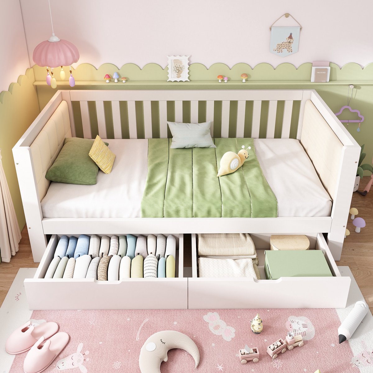 REDOM - Bedframe - Bedbank met 2 opberglades - 3-zijdige rugleuning en armleuningen - Lattenbodem - Slaapkamer - Hout - Wit - 208 x 95 x 74 cm