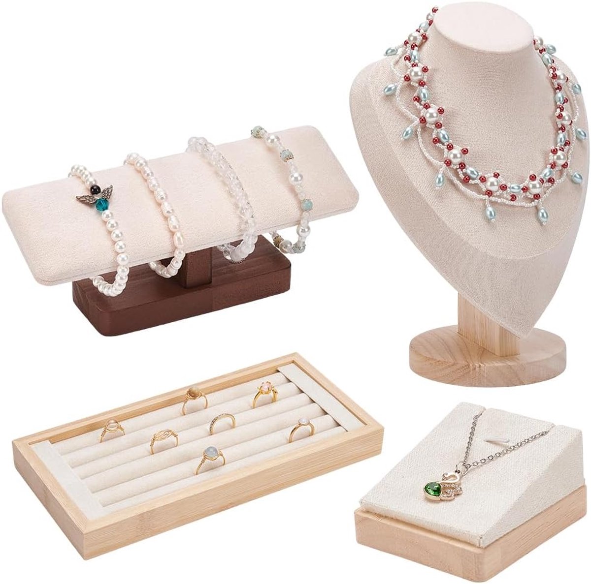 ORIGACH 4 STKS Beige Suede Sieraden Display Set, Ketting Buste Display, Ring Organizer, Ketting Display Stand en T Bar - ShopVlot