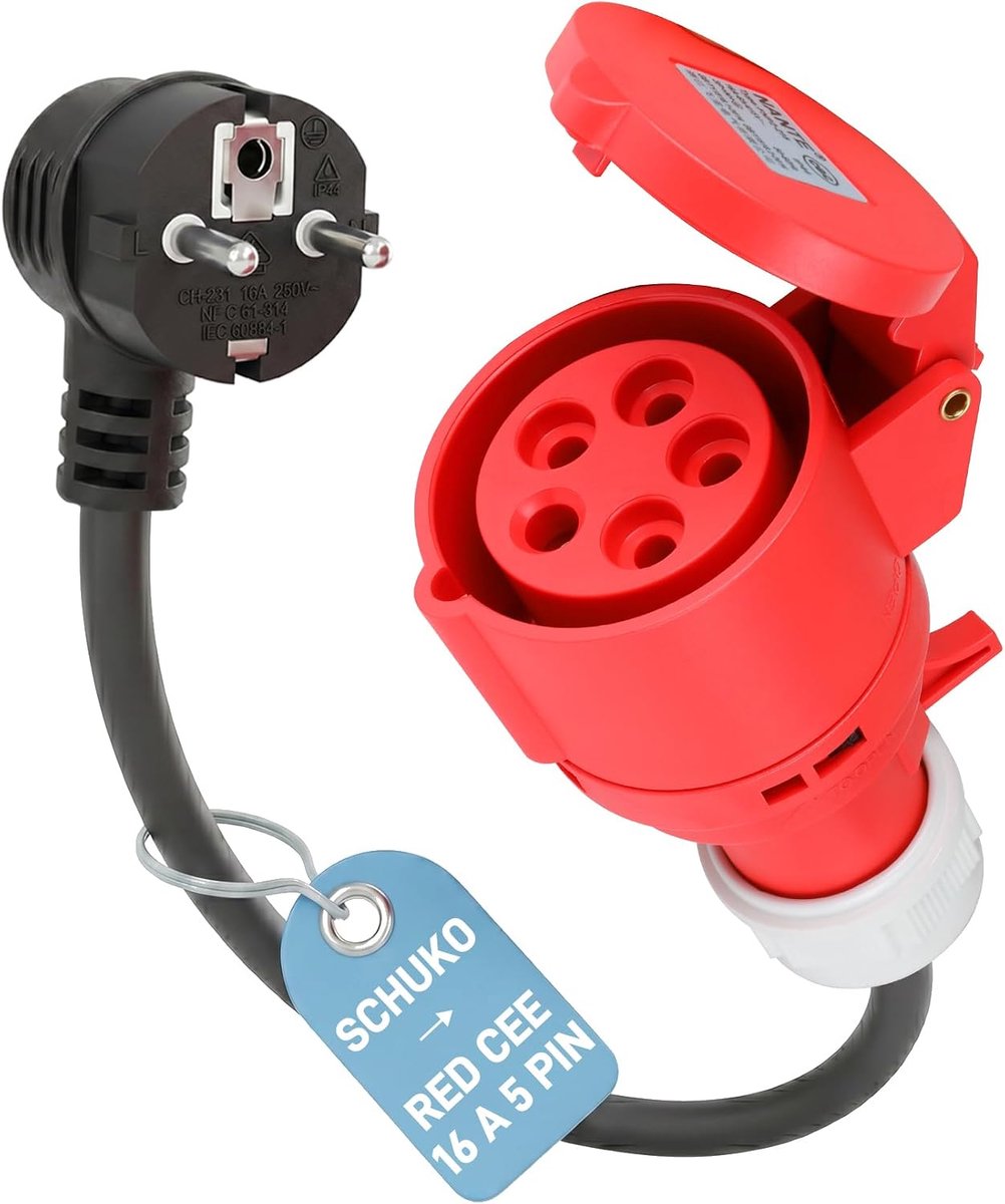 CEE Adapter Schuko to CEE Connector 16A (Red, 5-Pole) - Power Adapter Cable (50 cm, IP44, 3.7 kW, 3G2.5 mm²) - ShopVlot