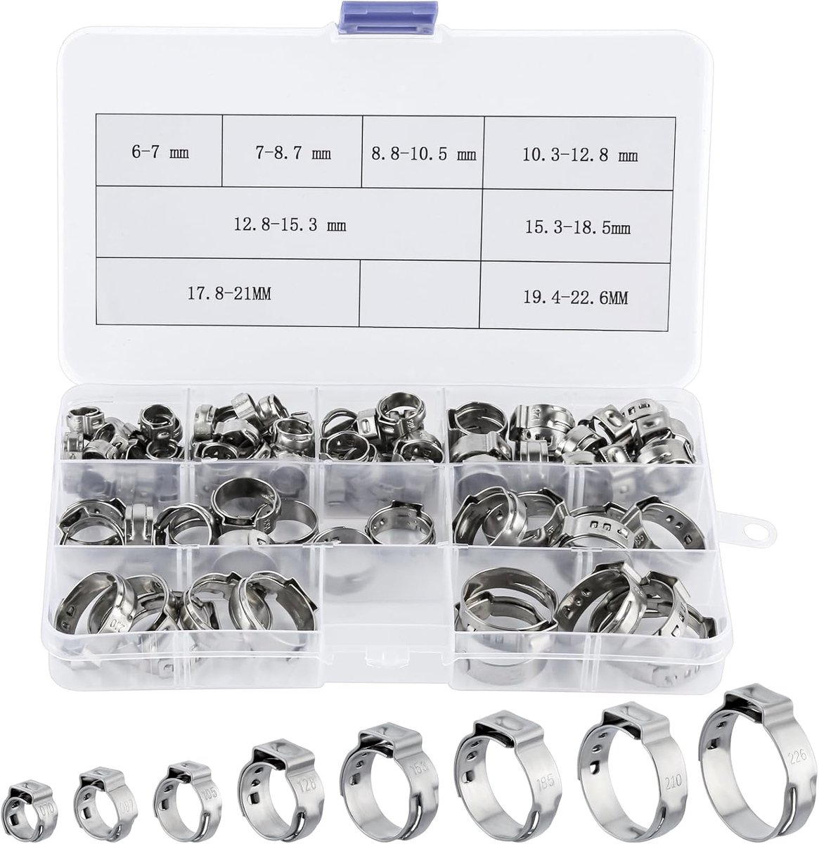 95 Pcs Hose Clamps with 8 Sizes 6-22.6mm Stainless Steel Adjustable Ear Clamps for Water Tubing Car Tubing Cooler Tube - ShopVlot